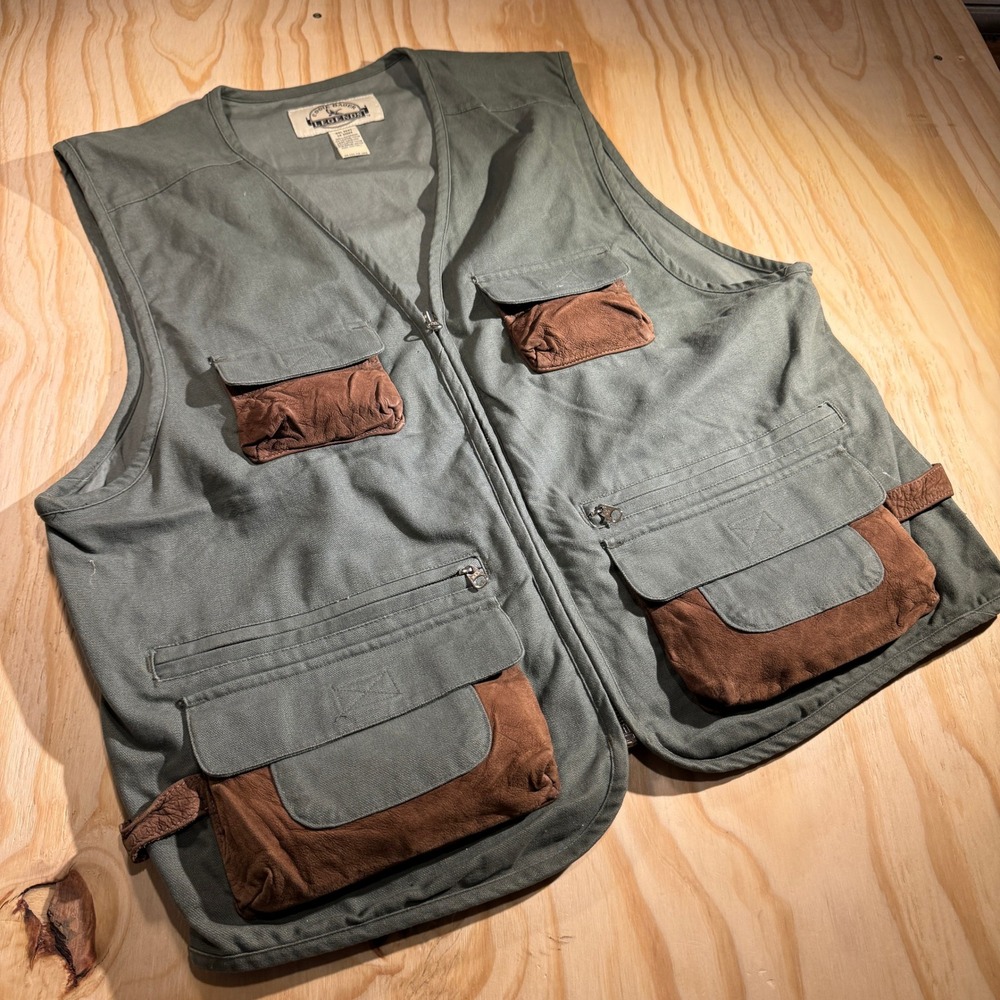 90s Eddie Bauer Men's Legends Hunting Vest Green Leather Trim Multi Pocket  L